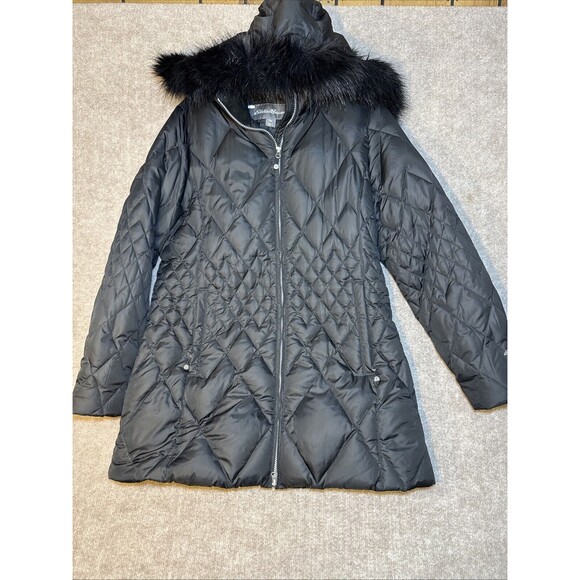 Eddie Bauer Womens Large Down Jacket Parka Removable Faux Fur Hood Diamond Quilt - Picture 1 of 13